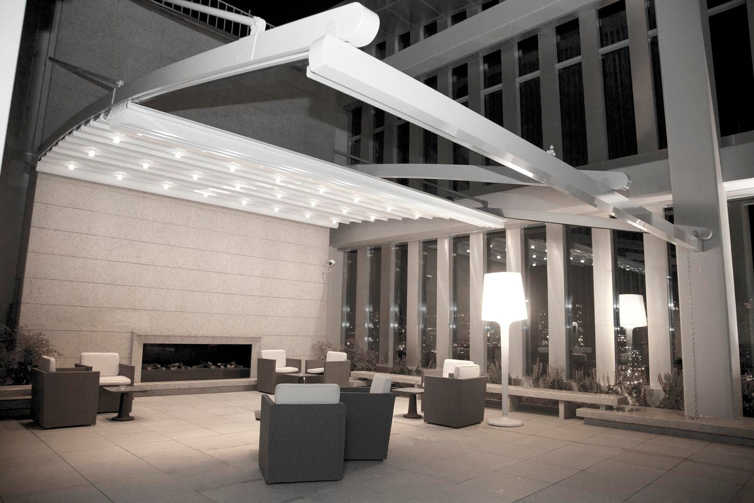 Luxury retractable pergola with illumination and modern seating area