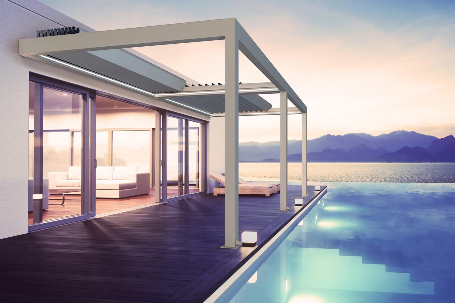 Poolside setting for a white framed bioclimatic Pergola and villa