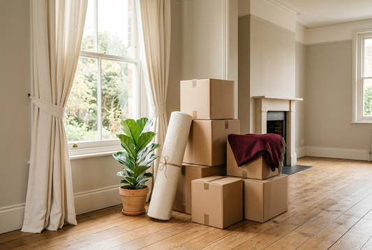 Moving boxes, a rolled rug and a houseplant beside a sunlit window with ivory curtains.