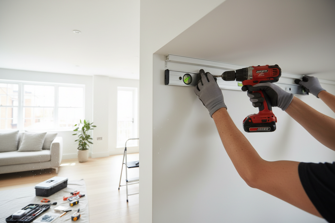 Professional installing curtain track on wall in London home