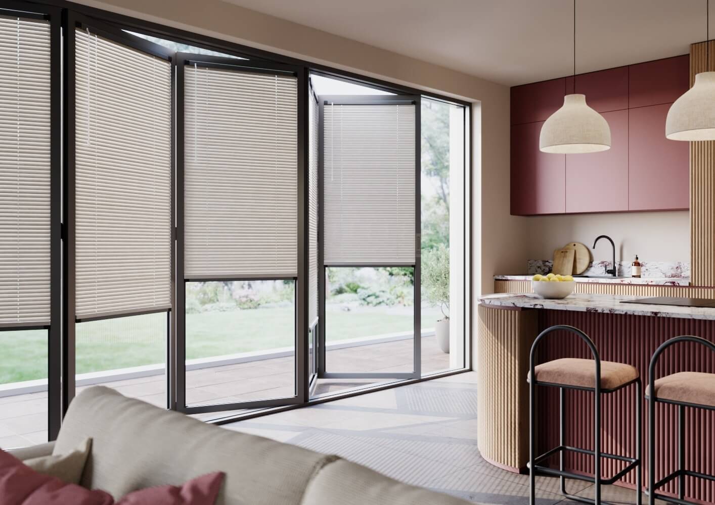 Fit to Frame Venetian blinds fitted to bifold doors and kitchen windows in a modern family home.