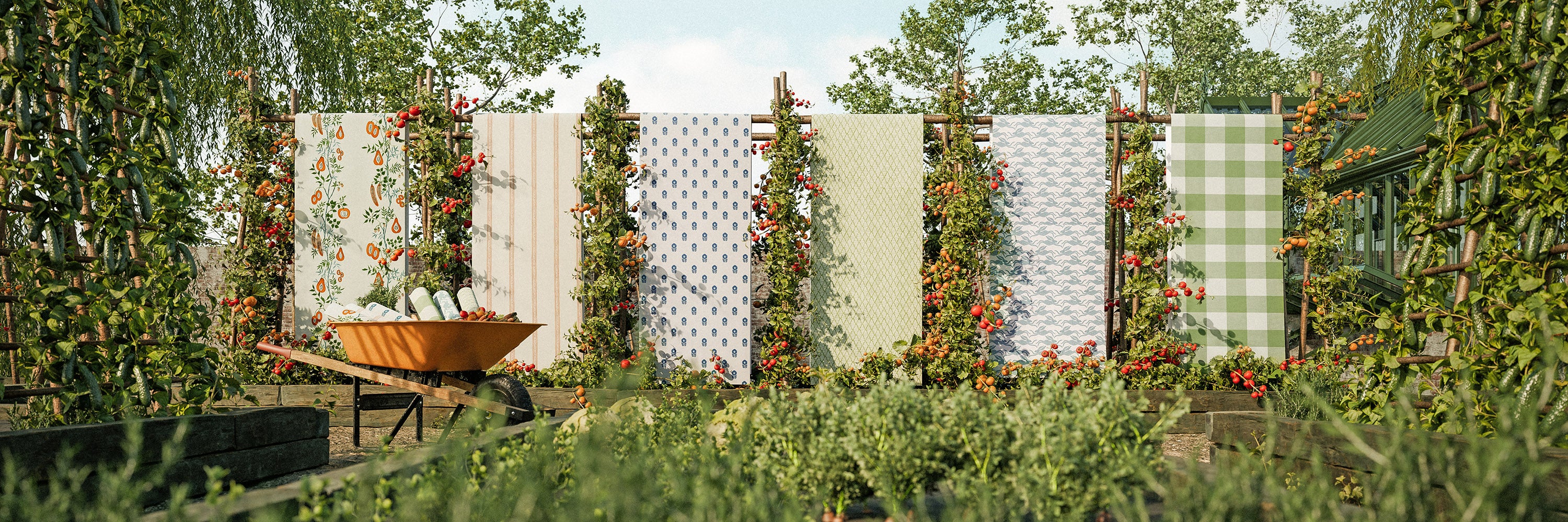 Decorative garden wallpaper screens with plants and flowers in a garden setting