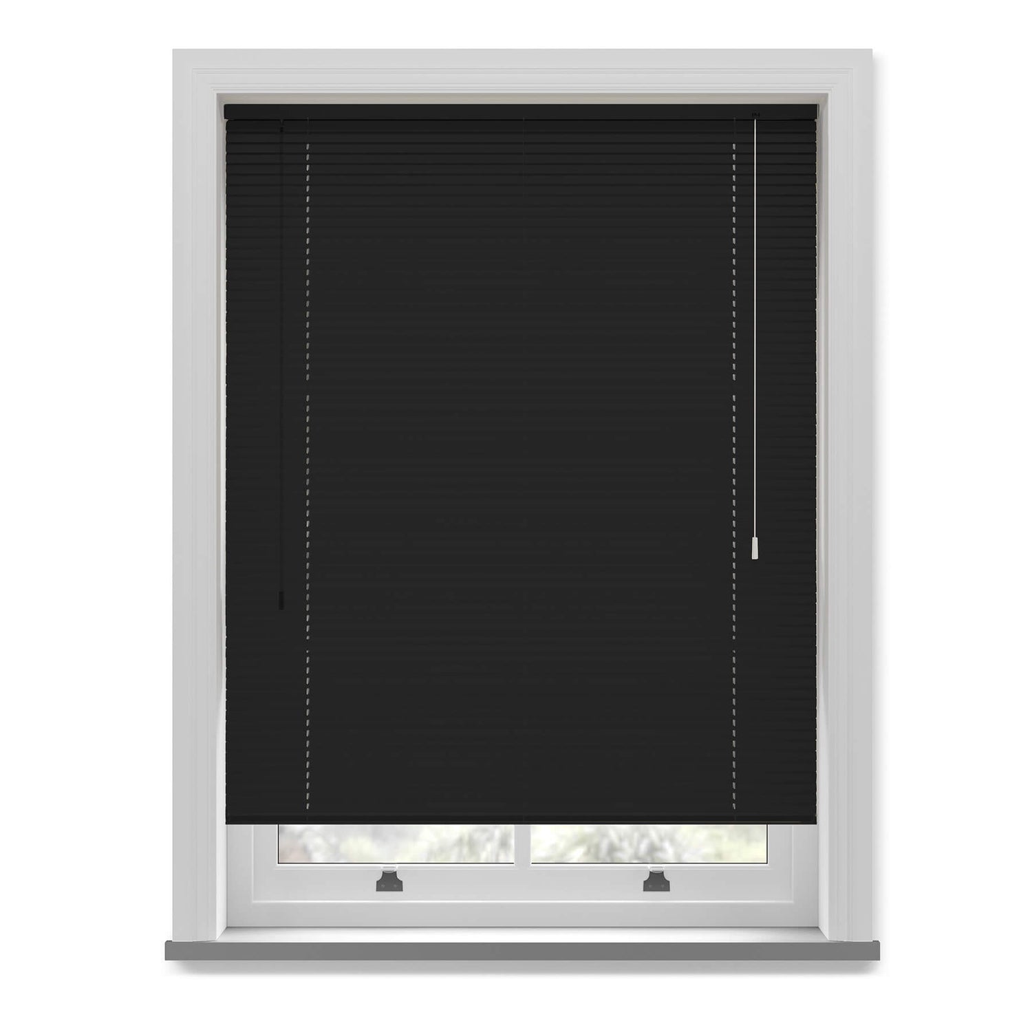 Black Fit to Frame Venetian blind fitted within a white window frame providing privacy and light control.