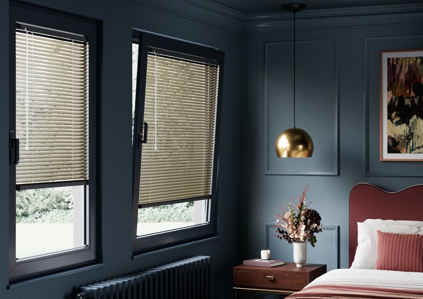 Fit to Frame Venetian blinds in a stylish bedroom offering adjustable privacy and light control.