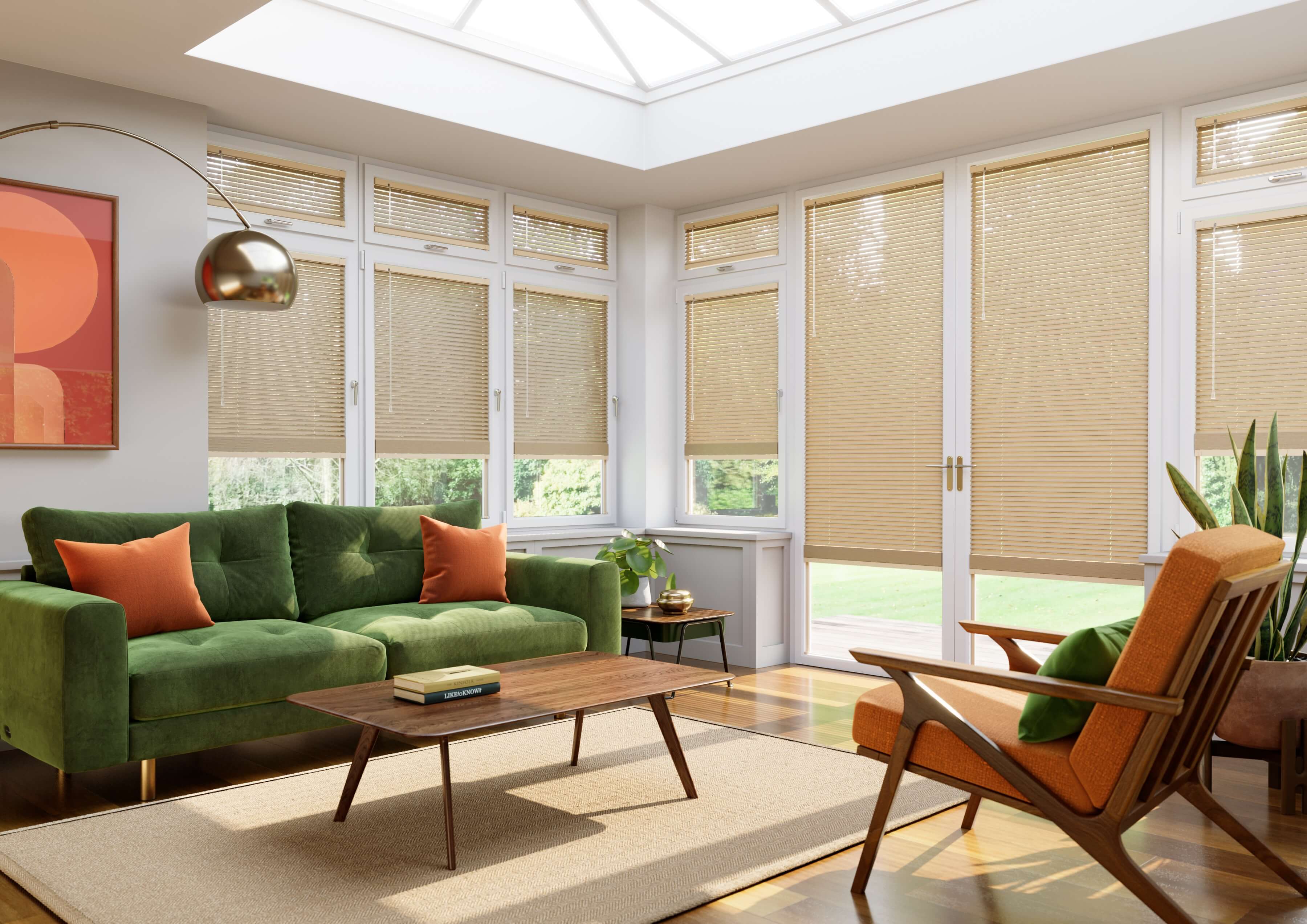 Made to measure Fit to Frame Venetian blinds installed throughout a bright conservatory living space.