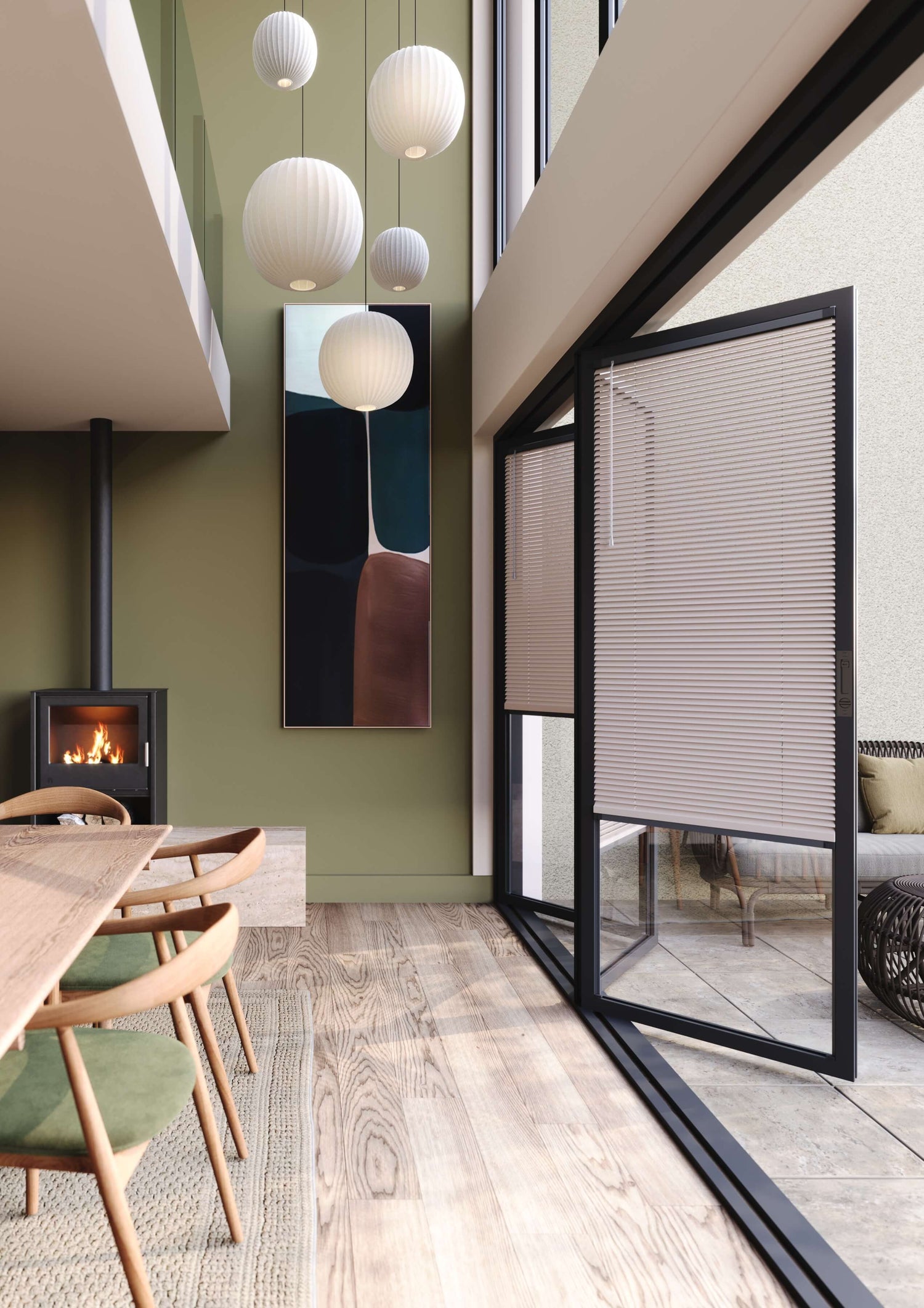 Fit to Frame Venetian blind installed on a glazed patio door in a contemporary dining room.